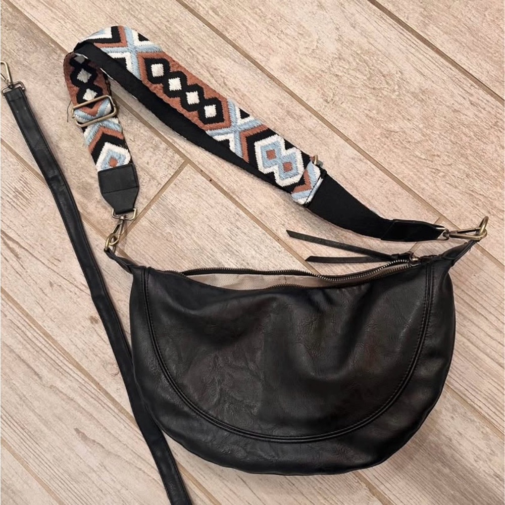 Black Leather Crossbody Bag with Patterned Strap
